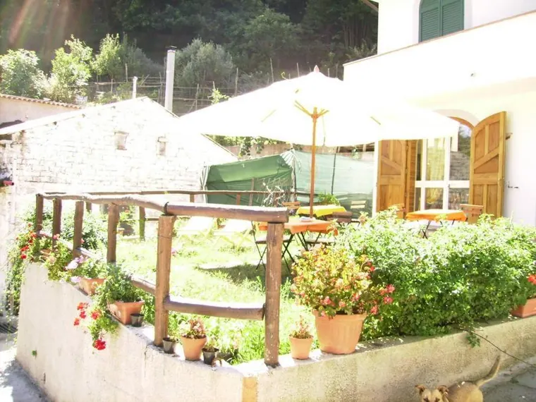 Camera Uva, Villa Bianca Tramonti: la terrazza con il pergolato e i vasi di fiori